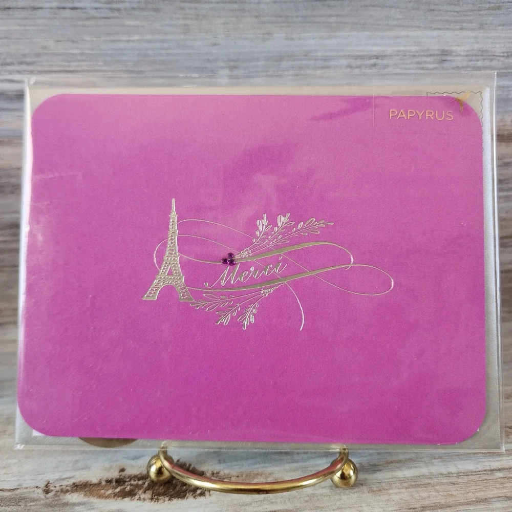 Papyrus Merci Greeting Card Eiffel Tower Silver Foil Magenta Pink Paris Blank